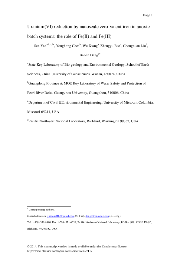 (PDF) Uranium(VI) reduction by nanoscale zero-valent iron in anoxic ...