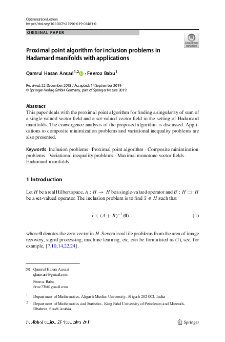 (PDF) Proximal point algorithm for inclusion problems in Hadamard ...