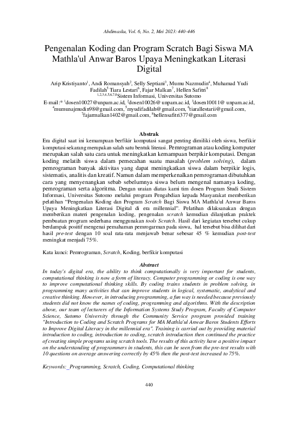 (PDF) Pengenalan Koding dan Program Scratch Bagi Siswa MA Mathla'ul ...