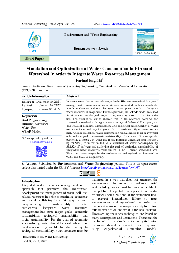 (PDF) Simulation and Optimization of Water Consumption in Hirmand ...