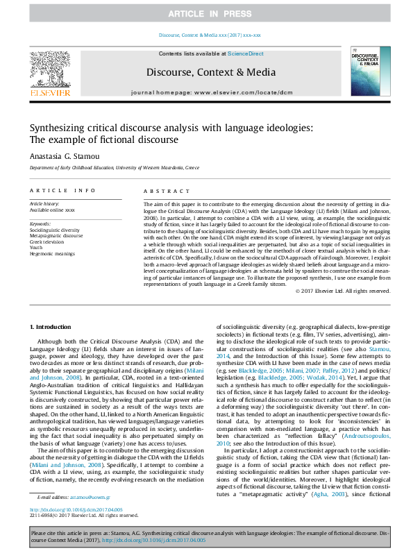 (PDF) Synthesizing critical discourse analysis with language ideologies ...