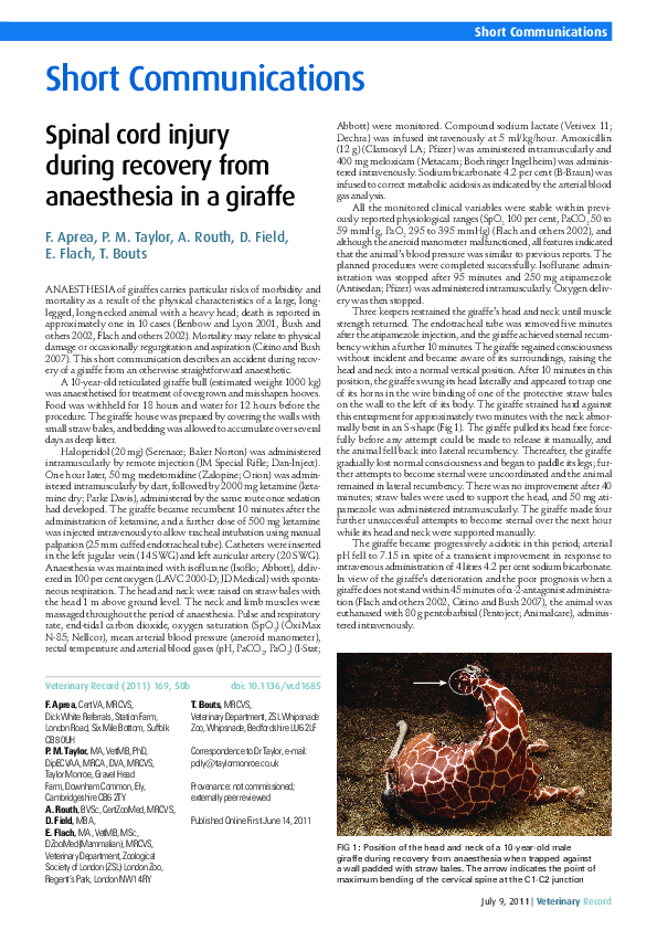 (PDF) Spinal cord injury during recovery from anaesthesia in a giraffe