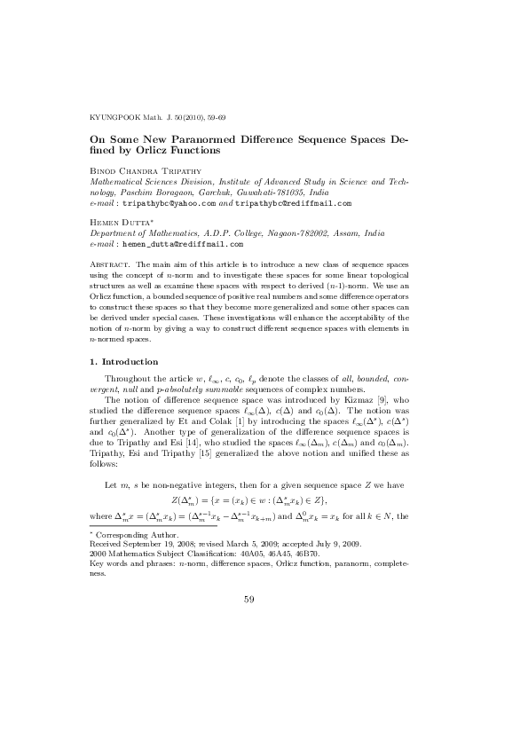 (PDF) On Some New Paranormed Difference Sequence Spaces Defined by ...