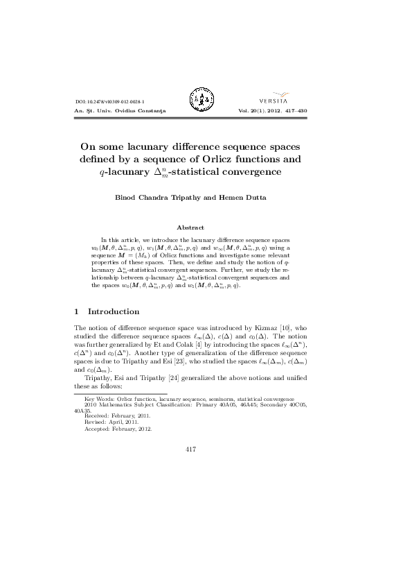 (PDF) On some lacunary difference sequence spaces defined by a sequence ...