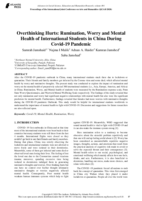 (PDF) Overthinking Hurts: Rumination, Worry and Mental Health of ...