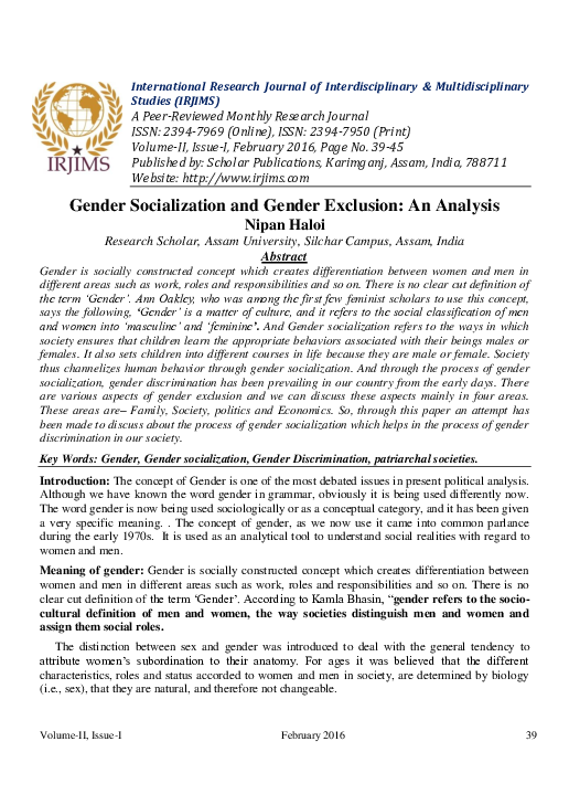 (PDF) Gender Socialization and Gender Exclusion: An Analysis