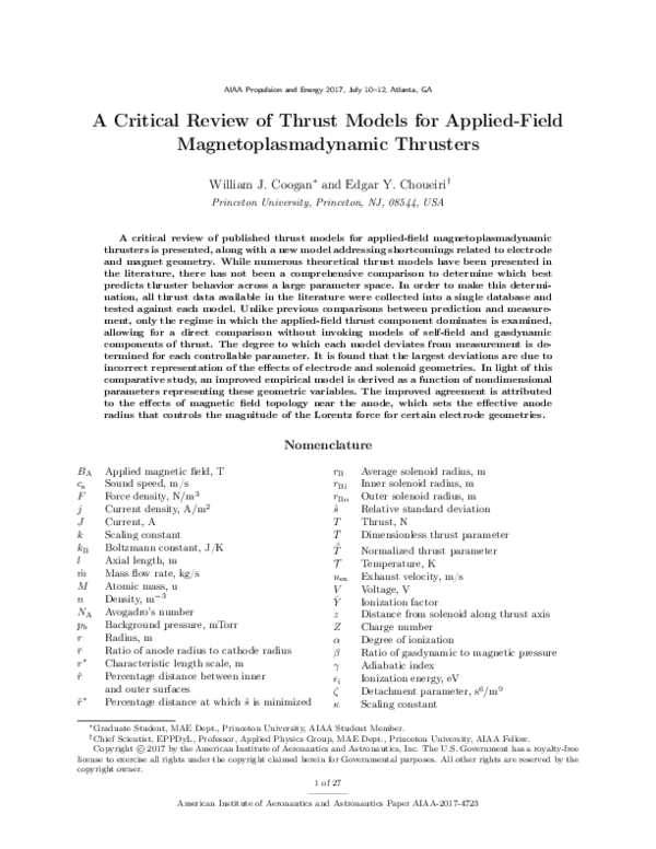 (PDF) A Critical Review of Thrust Models for Applied-Field ...