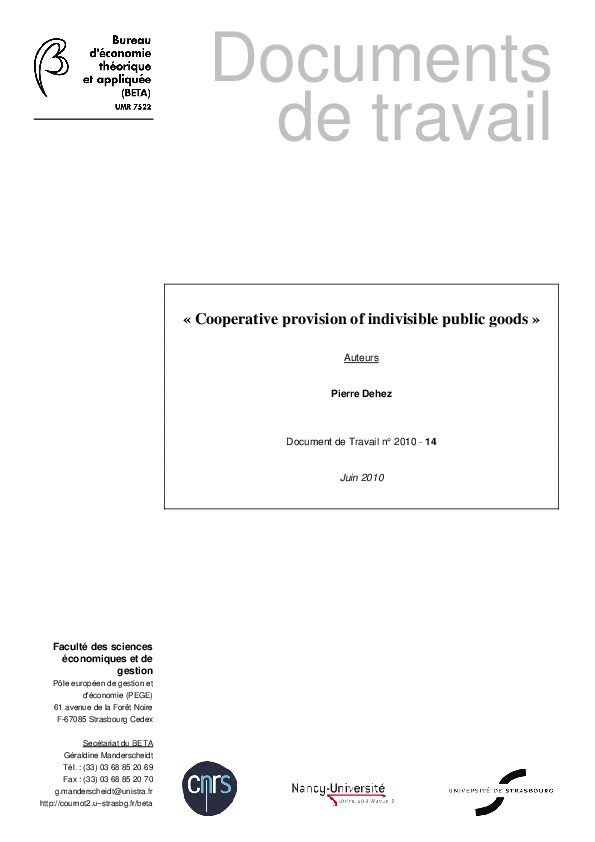 (PDF) Cooperative Provision of Indivisible Public Goods
