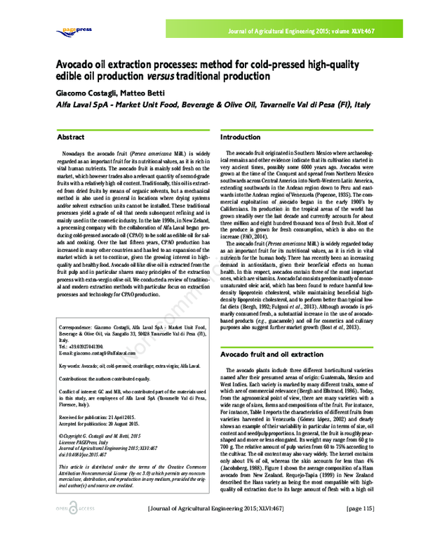 (PDF) Avocado oil extraction processes method for coldpressed high