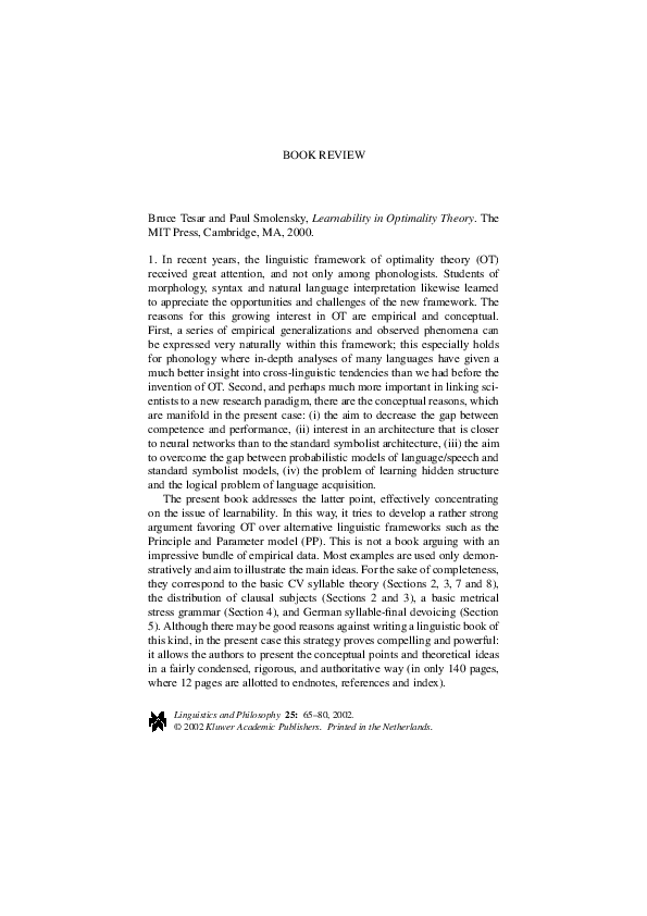 (PDF) Bruce Tesar and Paul Smolensky, Learnability in Optimality Theory