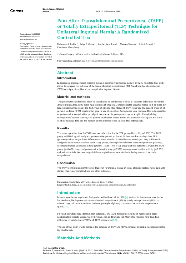 (PDF) Pain After Transabdominal Preperitoneal (TAPP) or Totally ...