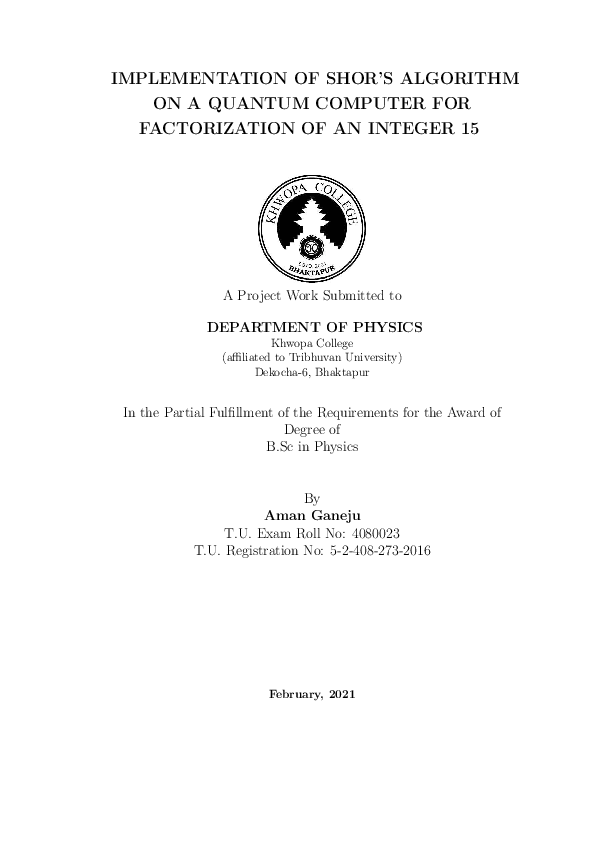 (PDF) IMPLEMENTATION OF SHOR'S ALGORITHM ON A QUANTUM COMPUTER FOR ...