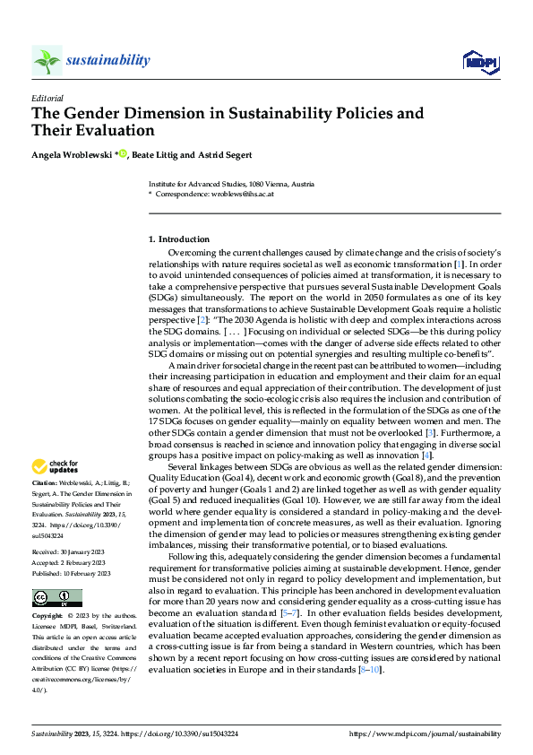 (PDF) The Gender Dimension in Sustainability Policies and Their Evaluation