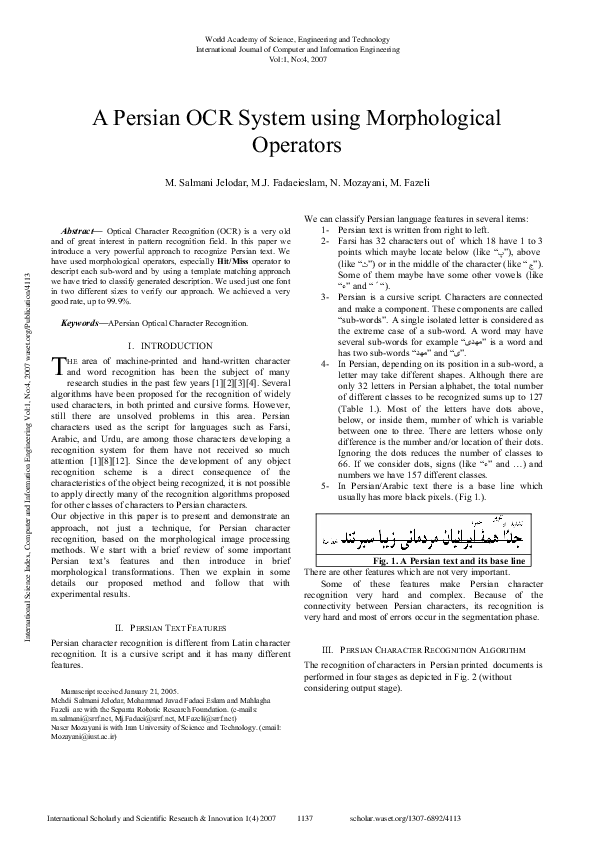 (PDF) A Persian Ocr System Using Morphological Operators