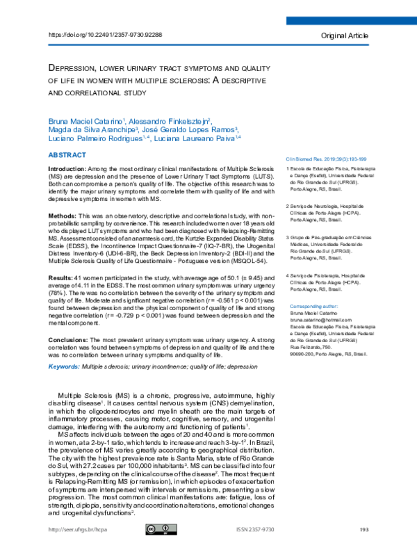 (PDF) Depression, lower urinary tract symptoms and quality of life in