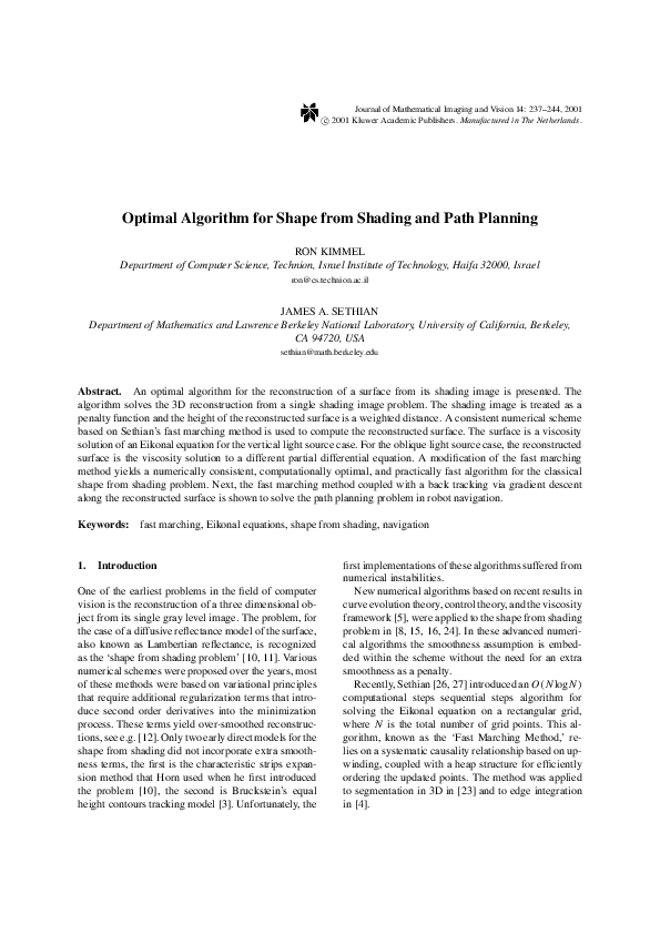 (PDF) Optimal Algorithm for Shape from Shading and Path Planning