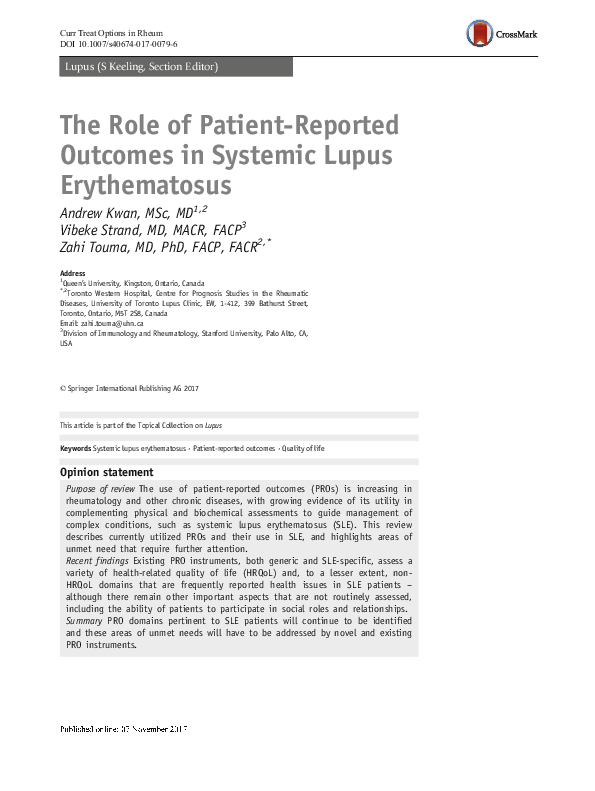 (PDF) The Role of Patient-Reported Outcomes in Systemic Lupus Erythematosus