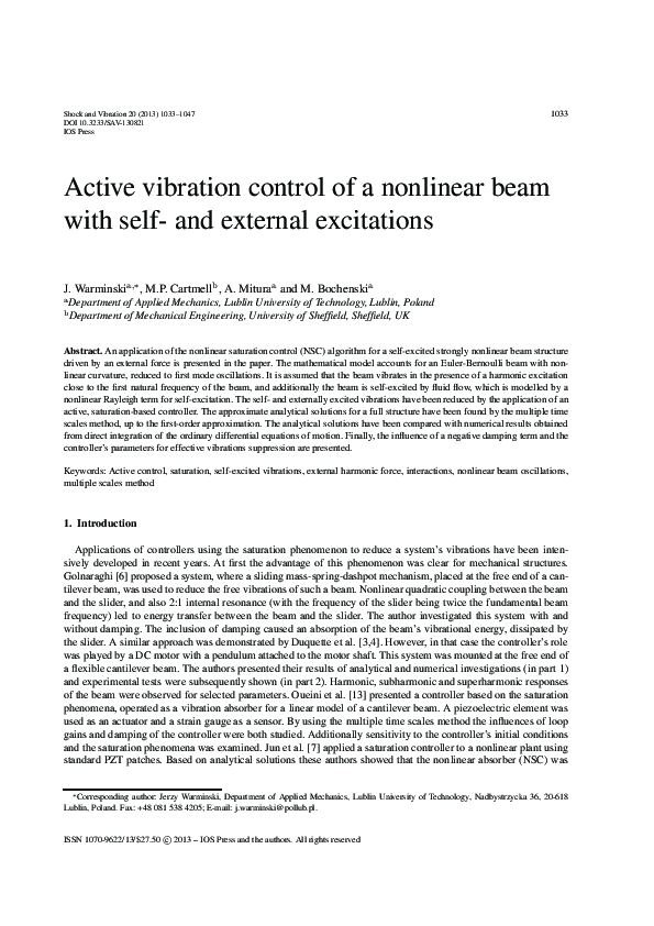 (PDF) Active Vibration Control of a Nonlinear Beam with Self- and ...