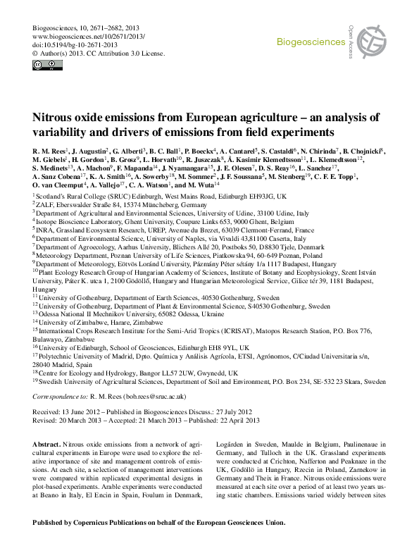 (PDF) Nitrous oxide emissions from European agriculture – an analysis ...