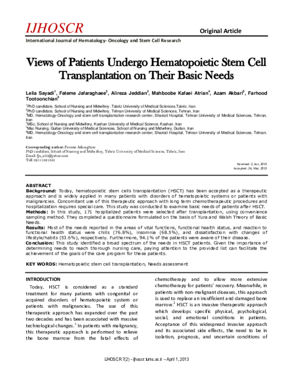 (PDF) Views of patients undergo hematopoietic stem cell transplantation ...