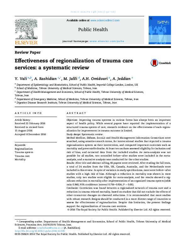 (PDF) Effectiveness of regionalization of trauma care services: a ...