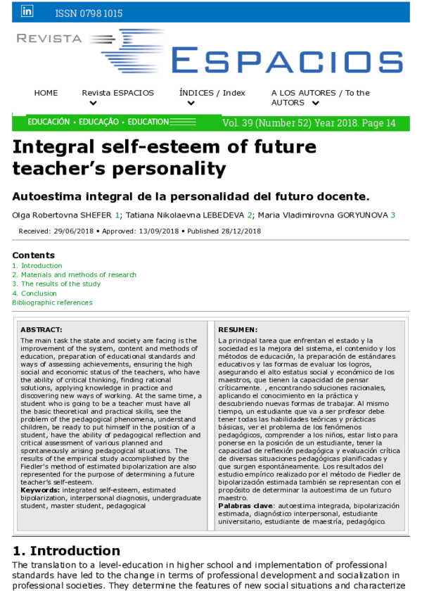(PDF) Integral self-esteem of future teacher’s personality