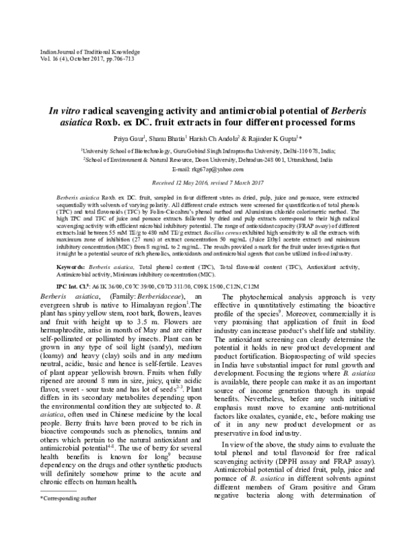 (PDF) In vitro radical scavenging activity and antimicrobial potential ...