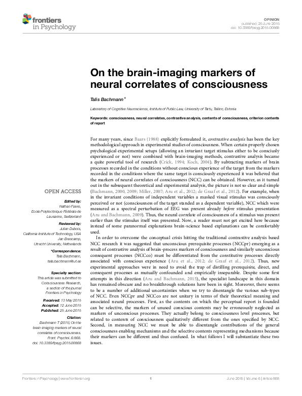 (PDF) On the brain-imaging markers of neural correlates of consciousness