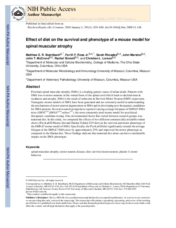 (PDF) Effect of diet on the survival and phenotype of a mouse model for ...