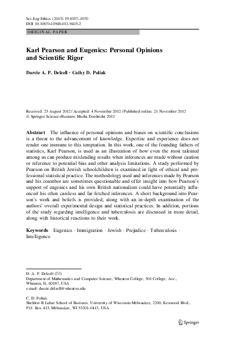 (PDF) Karl Pearson and Eugenics: Personal Opinions and Scientific Rigor
