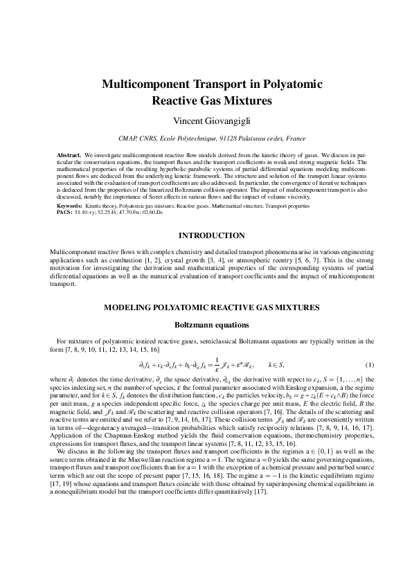 (PDF) Multicomponent Transport in Polyatomic Reactive Gas Mixtures