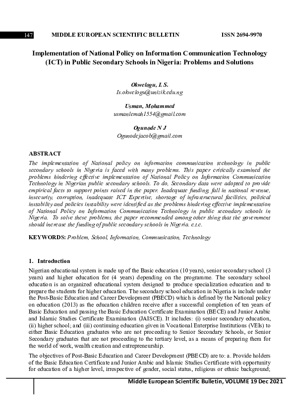 (PDF) Implementation of National Policy on Information Communication ...