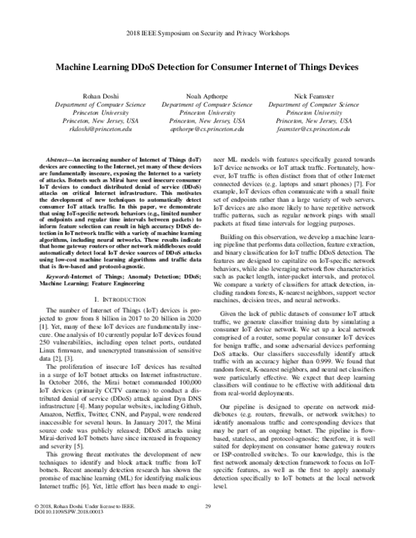 (PDF) Machine Learning DDoS Detection for Consumer Internet of Things ...