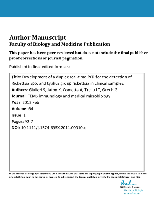 (PDF) Development of a duplex real time PCR for the detection of ...