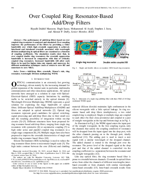 (PDF) Over Coupled Ring Resonator-Based Add/Drop Filters