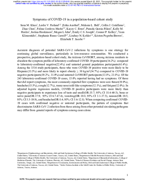 (PDF) Symptoms of COVID-19 in a population-based cohort study