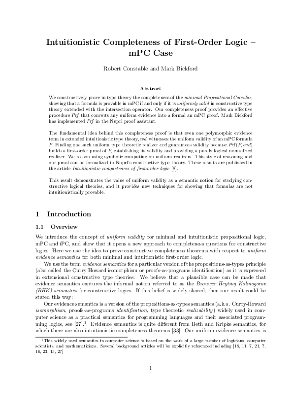 (PDF) Intuitionistic Completeness of FirstOrder Logic mPC Case Mark Bickford Academia.edu