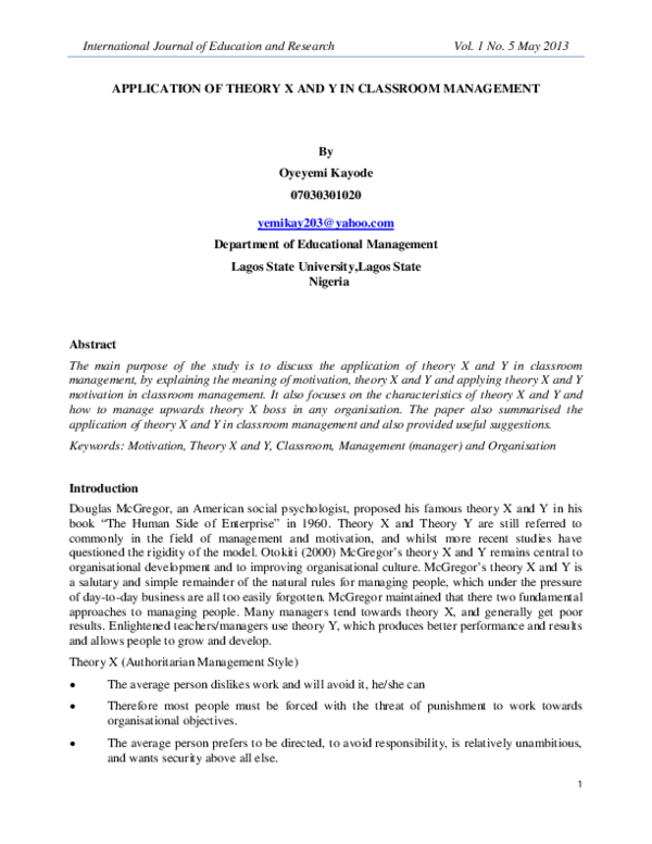 (PDF) Application of Theory X and y in Classroom Management Oyeyemi