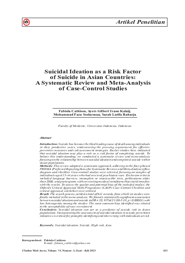 (PDF) Suicidal Ideation as a Risk Factor of Suicide in Asian Countries ...