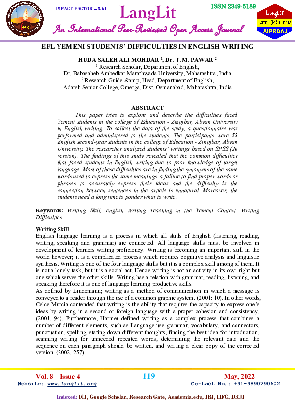 (PDF) EFL YEMENI STUDENTS' DIFFICULTIES IN ENGLISH WRITING