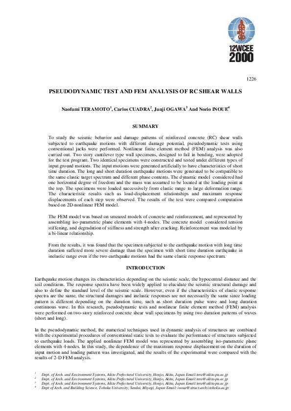 (PDF) Pseudodynamic Test and Fem Analysis of RC Shear Walls