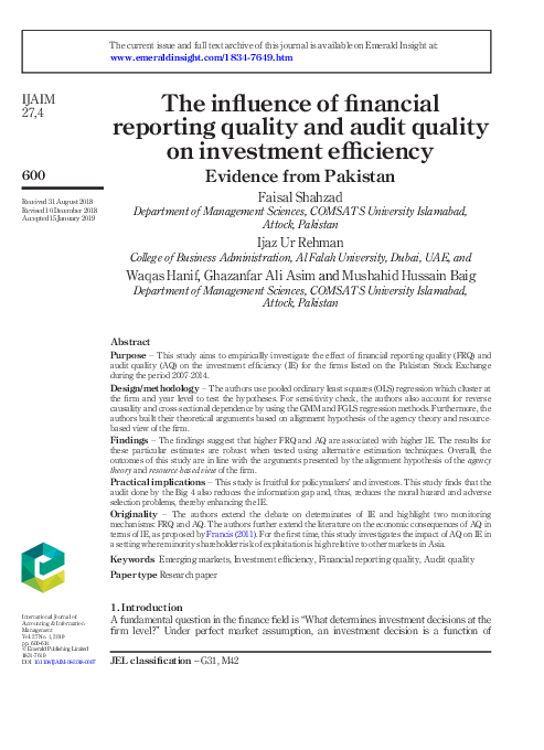 (PDF) The influence of financial reporting quality and audit quality on ...