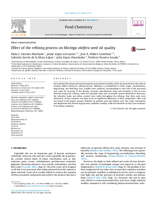 (PDF) Effect of the refining process on Moringa oleifera seed oil quality