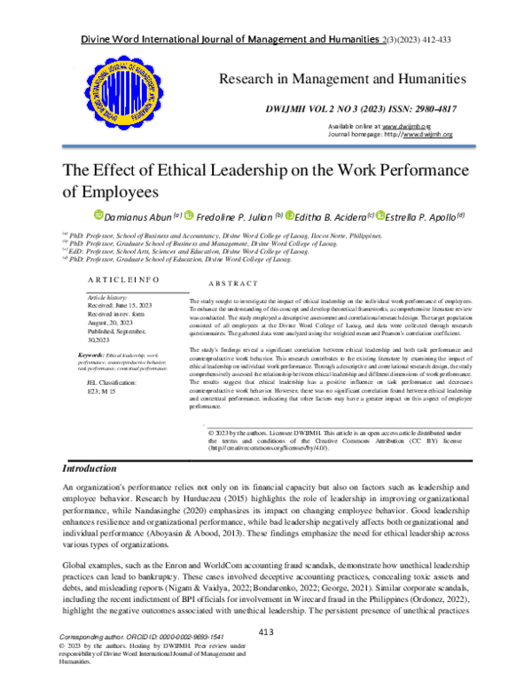 (PDF) The Effect of Ethical Leadership on the Work Performance of Employees