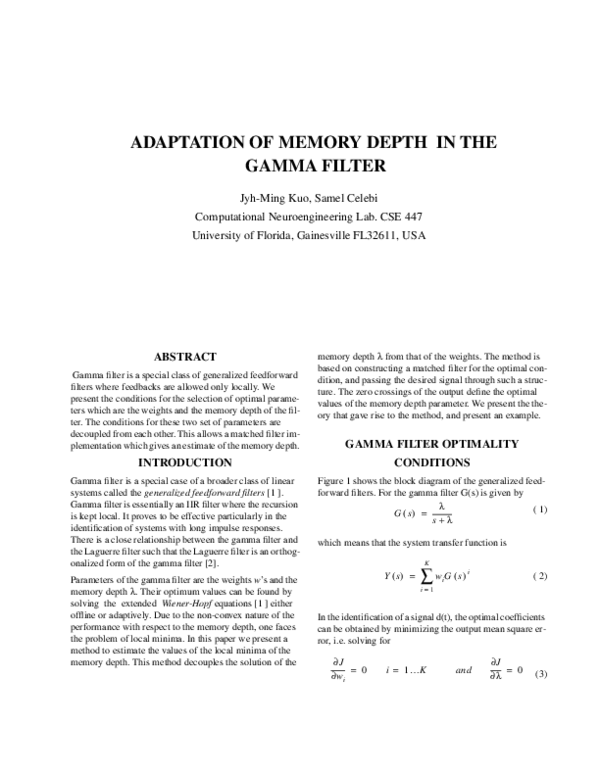 (PDF) Adaptation Of Memory Depth In The Gamma Filter