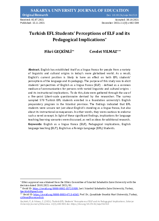 (PDF) Turkish EFL Students' Perceptions of ELF and its Pedagogical ...