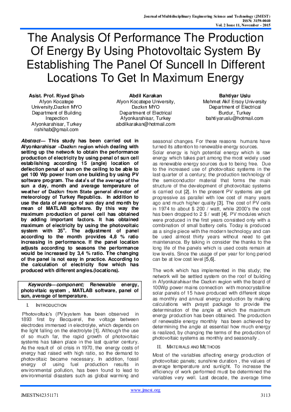 (PDF) The Analysis Of Performance The Production Of Energy By Using ...