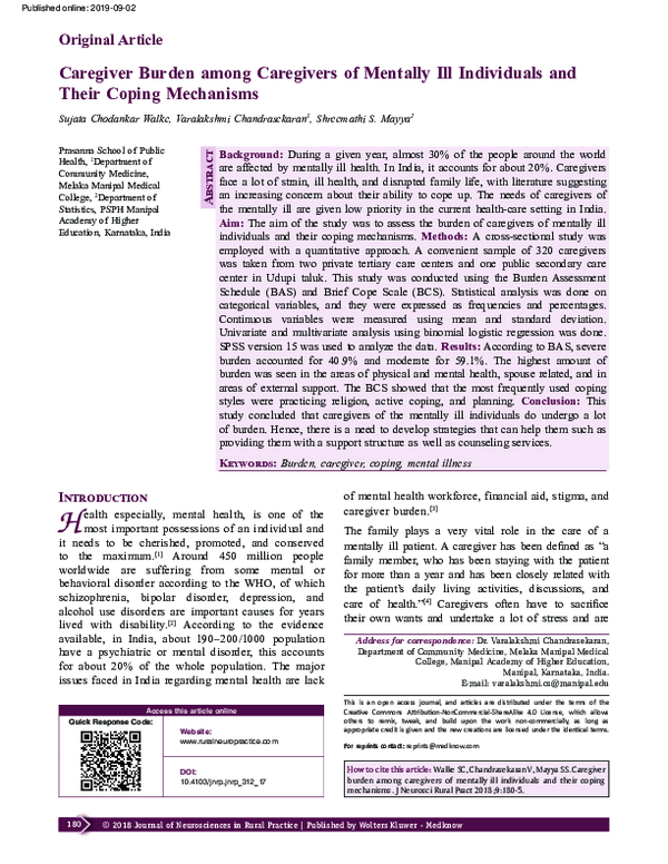 (PDF) Caregiver Burden among Caregivers of Mentally Ill Individuals and ...