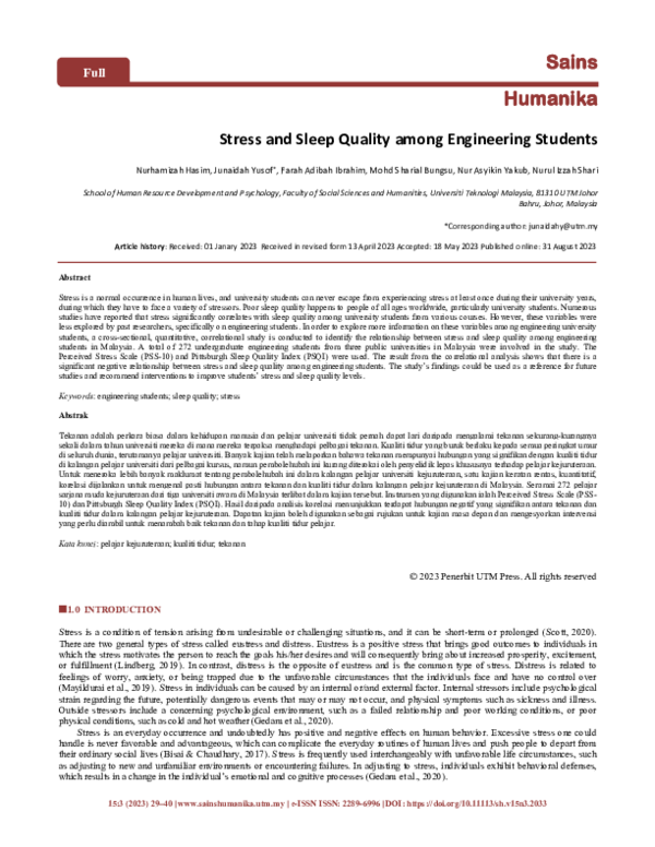 (PDF) Stress and Sleep Quality among Engineering Students