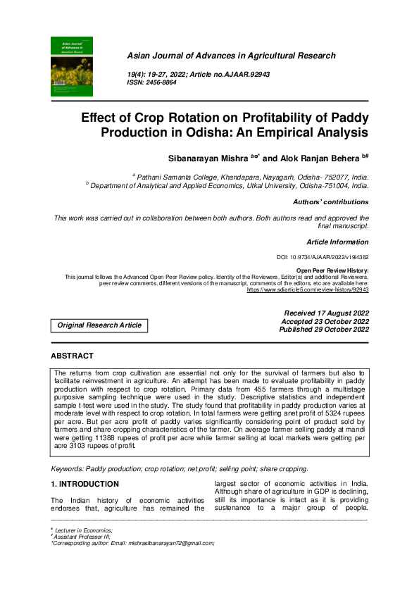 (PDF) Effect of Crop Rotation on Profitability of Paddy Production in ...